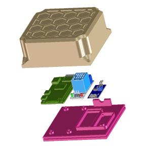 a screenshot of a CAD application showing an enclosure for a raspberry pi and other components
